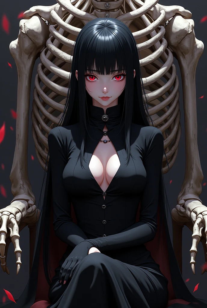 anime style image , 20 year old woman, long straight black hair, red eyes, dressed in a black dress, The woman is sitting on a throne of skeletons 