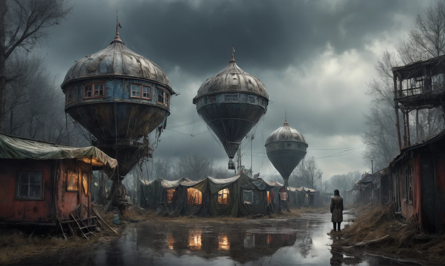 insane pilot from USSR , camouflage Rusty, after a psychiatric clinic,winter,intricate landscape,slate grey atmosphere,film grain,faded,eyes extremely detailed,another world,view from height,once pretty face,eyebrow up,full body shot,ominous landscape, Simon Stalenhag,Nicola Samori,full body shot,beggar paladium The Alien Entity,Technicolor,natural skin textures, hyper realism, hyper detailed,Extremely detailed,High contrast,Masterpiece,Realistic,Ultra Detailed, intricate details,realistic humid leather,extremly intricate,Epic Realistic, cinematic style,irina yermolova,high contrast,hdr,extremely detailed, deep night landscape,masterpiece,intricate details,faded,eyes extremely detailed, high detailed eyes,8k resolution,RAW,retina, Nikon Z9,China,tkt style, transition between two art styles, Ink painting to photorealism, Double contact, X-ray, Creative, vivid light, masterpiece, fantasy, Abstract Surrealism, super detailed, high resolution, stop:35;Her skin is pale, almost translucent,ancient rock,a hot air soars through the layers of clouds, revealing a colossal and enigmatic cityscape nestled within. The buildings in this ethereal city are adorned with intricate details and exude an aura of mystery. Above the cityscape, lend an enchanting touch to the scene. steampunk. The intricate mechanics create a sense of wonder and fascination, as if stepping into a dreamlike realism,Marta Bevacqua, ais-sinisterz, a derelict circus in the middle of a swamp, remnants of colorful tents, a silent carousel with spectral space monster, all under a sky heavy with storm clouds