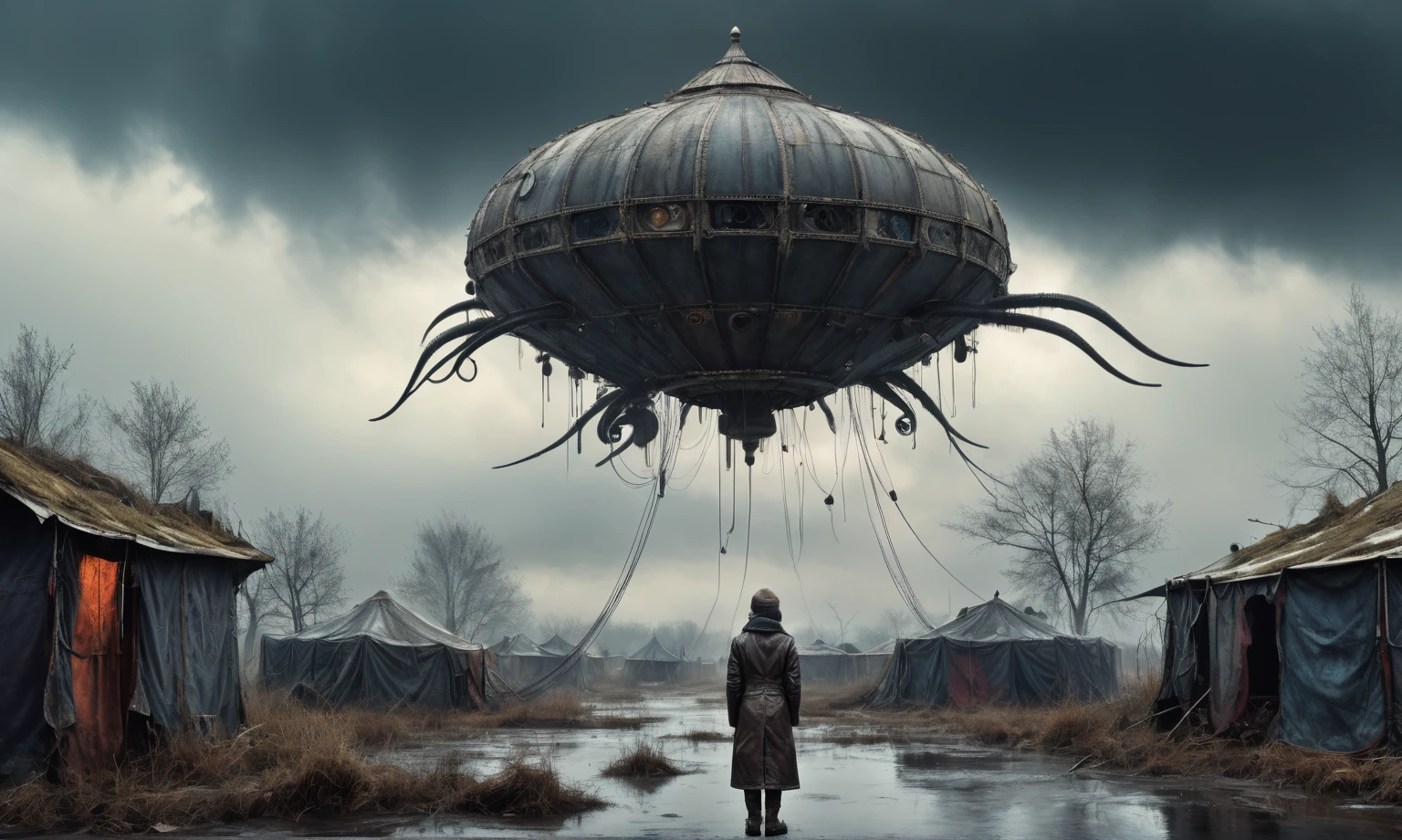 insane pilot from USSR , camouflage Rusty, after a psychiatric clinic,winter,intricate landscape,slate grey atmosphere,film grain,faded,eyes extremely detailed,another world,view from height,once pretty face,eyebrow up,full body shot,ominous landscape, Simon Stalenhag,Nicola Samori,full body shot,beggar paladium The Alien Entity,Technicolor,natural skin textures, hyper realism, hyper detailed,Extremely detailed,High contrast,Masterpiece,Realistic,Ultra Detailed, intricate details,realistic humid leather,extremly intricate,Epic Realistic, cinematic style,irina yermolova,high contrast,hdr,extremely detailed, deep night landscape,masterpiece,intricate details,faded,eyes extremely detailed, high detailed eyes,8k resolution,RAW,retina, Nikon Z9,China,tkt style, transition between two art styles, Ink painting to photorealism, Double contact, X-ray, Creative, vivid light, masterpiece, fantasy, Abstract Surrealism, super detailed, high resolution, stop:35;Her skin is pale, almost translucent,ancient rock,a hot air soars through the layers of clouds, revealing a colossal and enigmatic cityscape nestled within. The buildings in this ethereal city are adorned with intricate details and exude an aura of mystery. Above the cityscape, lend an enchanting touch to the scene. steampunk. The intricate mechanics create a sense of wonder and fascination, as if stepping into a dreamlike realism,Marta Bevacqua, ais-sinisterz, a derelict circus in the middle of a swamp, remnants of colorful tents, a silent carousel with spectral space monster, all under a sky heavy with storm clouds