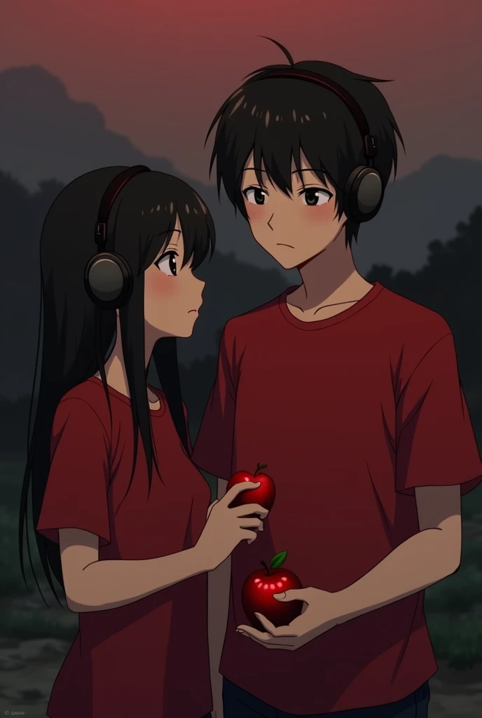 Couple of 19 years together anime with a red apple in the boy's hand with a reddish and black landscape background with dull looks and both with headphones With red t-shirts Other similar 