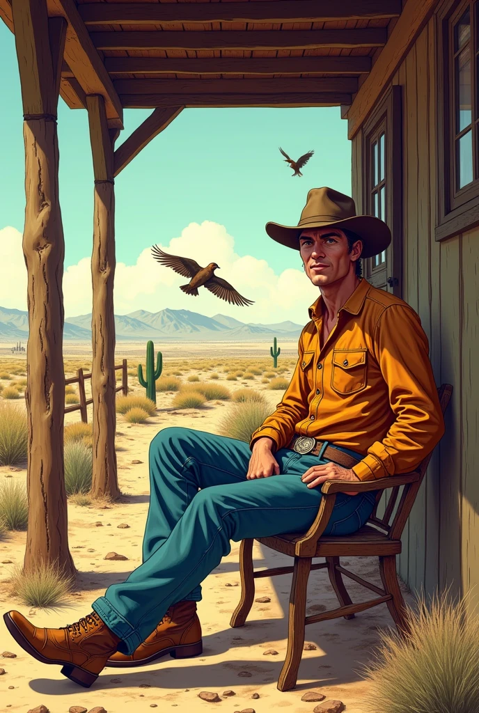 Hyperrealistic color comic 1950s a young cowboy sits on the ranch porch in the desert a lark flies around him