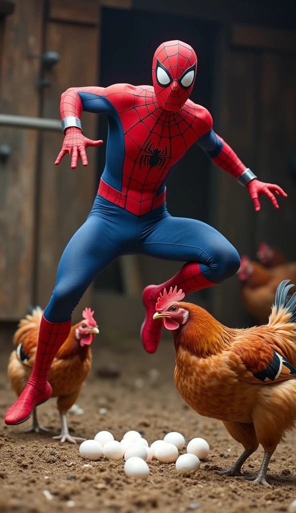 A highly realistic and comical scene featuring Spiderman in a ridiculous situation. Spiderman, dressed in his iconic suit, is in the middle of trying to steal some eggs from a chicken coop. Just as he reaches for the eggs, a furious hen launches an attack, flapping its wings and pecking at him aggressively. Spiderman, caught off guard, is shown mid-jump, his eyes wide with fear as he tries to escape the enraged hen. His pose is exaggerated, with one leg up in the air and arms flailing as he tries to protect himself. The background features a rustic chicken coop with a few other hens watching the chaos. The scene is full of humor, capturing Spiderman’s comically terrified reaction in a very unexpected and absurd situation, no blurring, perfect fix fingers,