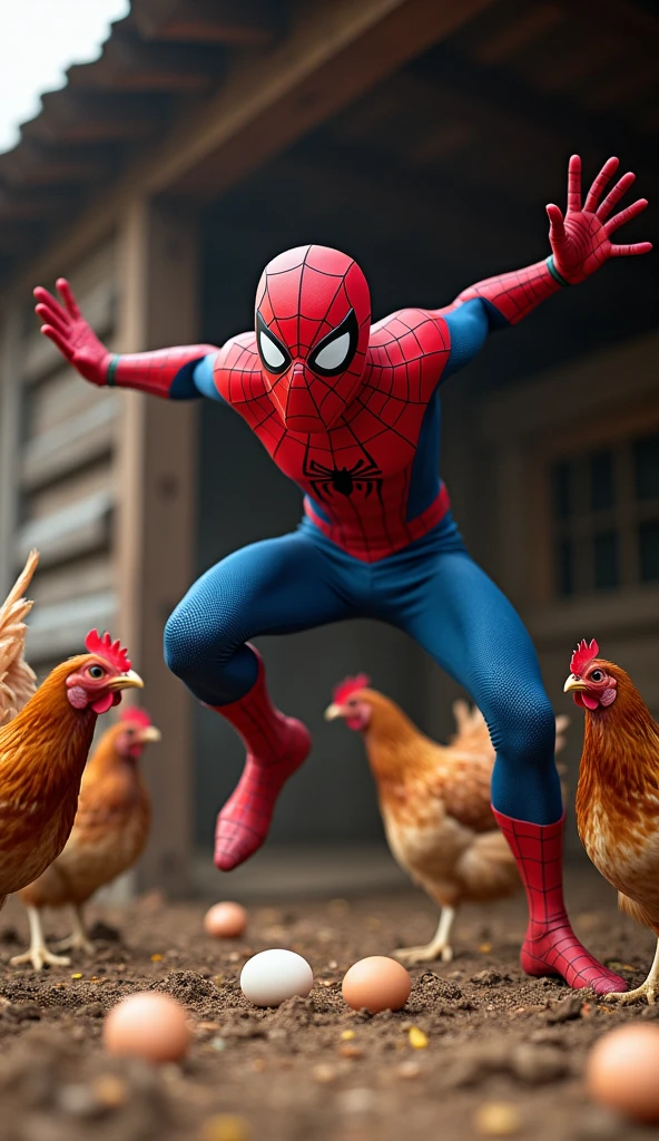 A highly realistic and comical scene featuring Spiderman in a ridiculous situation. Spiderman, dressed in his iconic suit, is in the middle of trying to steal some eggs from a chicken coop. Just as he reaches for the eggs, a furious hen launches an attack, flapping its wings and pecking at him aggressively. Spiderman, caught off guard, is shown mid-jump, his eyes wide with fear as he tries to escape the enraged hen. His pose is exaggerated, with one leg up in the air and arms flailing as he tries to protect himself. The background features a rustic chicken coop with a few other hens watching the chaos. The scene is full of humor, capturing Spiderman’s comically terrified reaction in a very unexpected and absurd situation, no blurring, perfect fix fingers,
