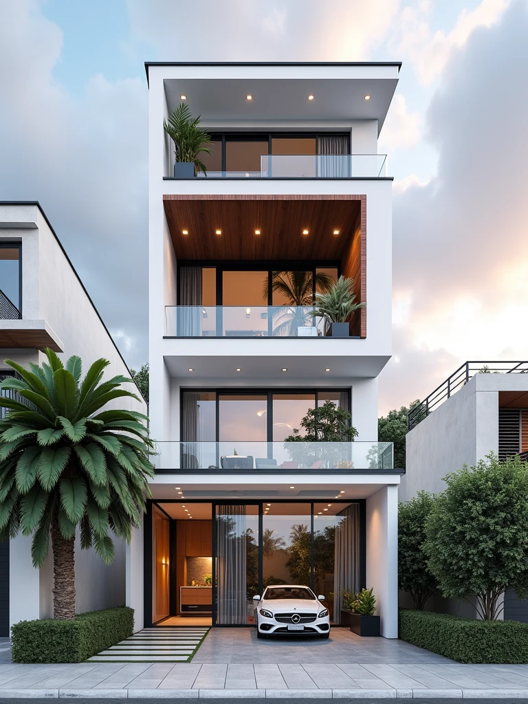 maison de ville moderne sur rue, (sun set), arbre tropical, couleur vive, paysages de rue, white tone, white wall, Large glass door, (Warm interior lighting:1.2), wood and marble, best quality, 18ArchiAI_VL-v1