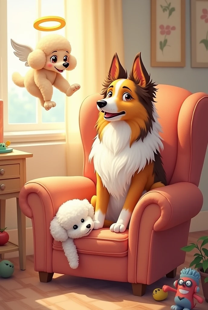Create a cartoon An adult female Collie breed (long hair and pointed nose) light brown and white; sitting on an armchair, Next to her a small white toy poodle dog lying down. And above them a beige poodle dog with wings and an angel halo