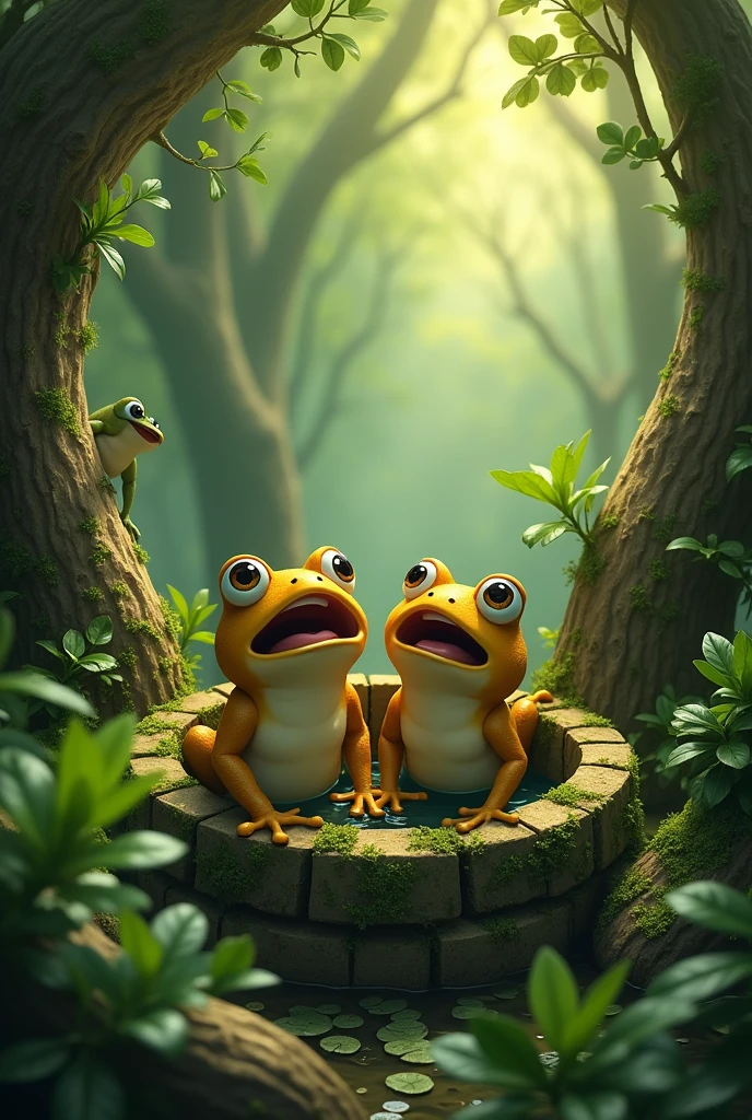 Two frogs wandered around and fell into a well in the forest. There were many frogs around. They asked the two frogs to jump out of it.