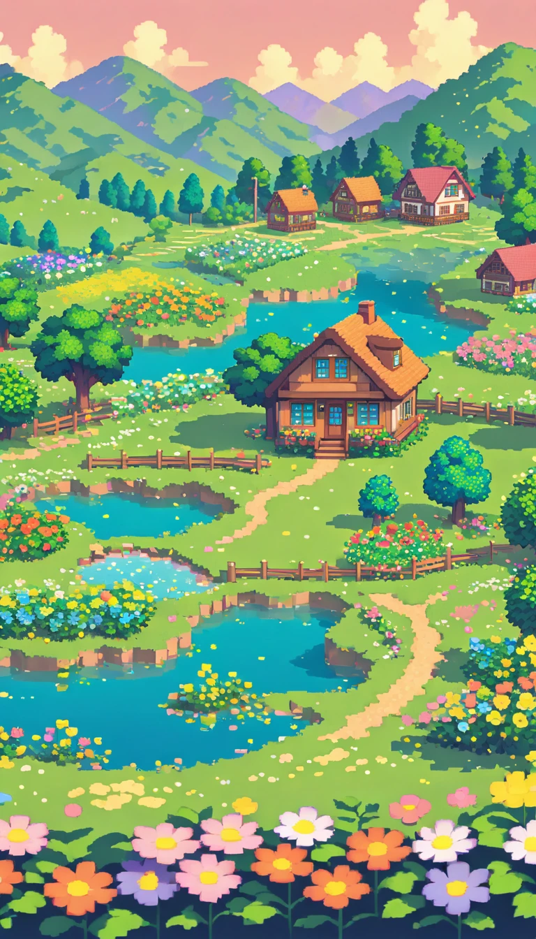 ultrawide landscape lofi stardew valley pixel star valley kawaii cottagecore, No people