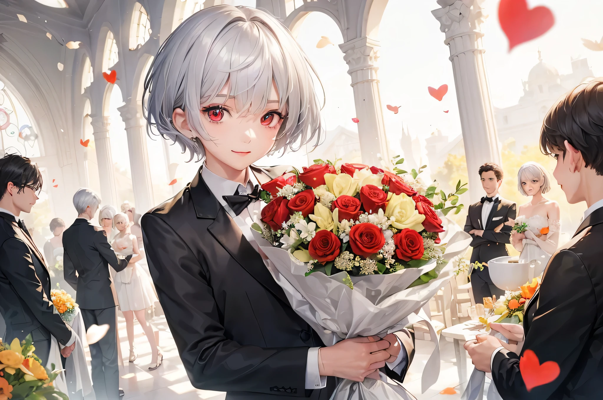 (Thanksgiving style), (pov, solo:2 16yo) (detailed crew cut) (immensely cool silver hair very short hair), (best cool divine boy) (immensely cool red eyes) (thanks smile), in a detailed butler suit with double exposure:1.2 water and love hearts, break, hand holding a beautiful detailed big bouquet, break, in the Ceremony venue, ((background font is "MB")), BREAK, perfect anatomy, masterpiece, best quality, 16k, beautiful detailed thanks, daydreaming expression.