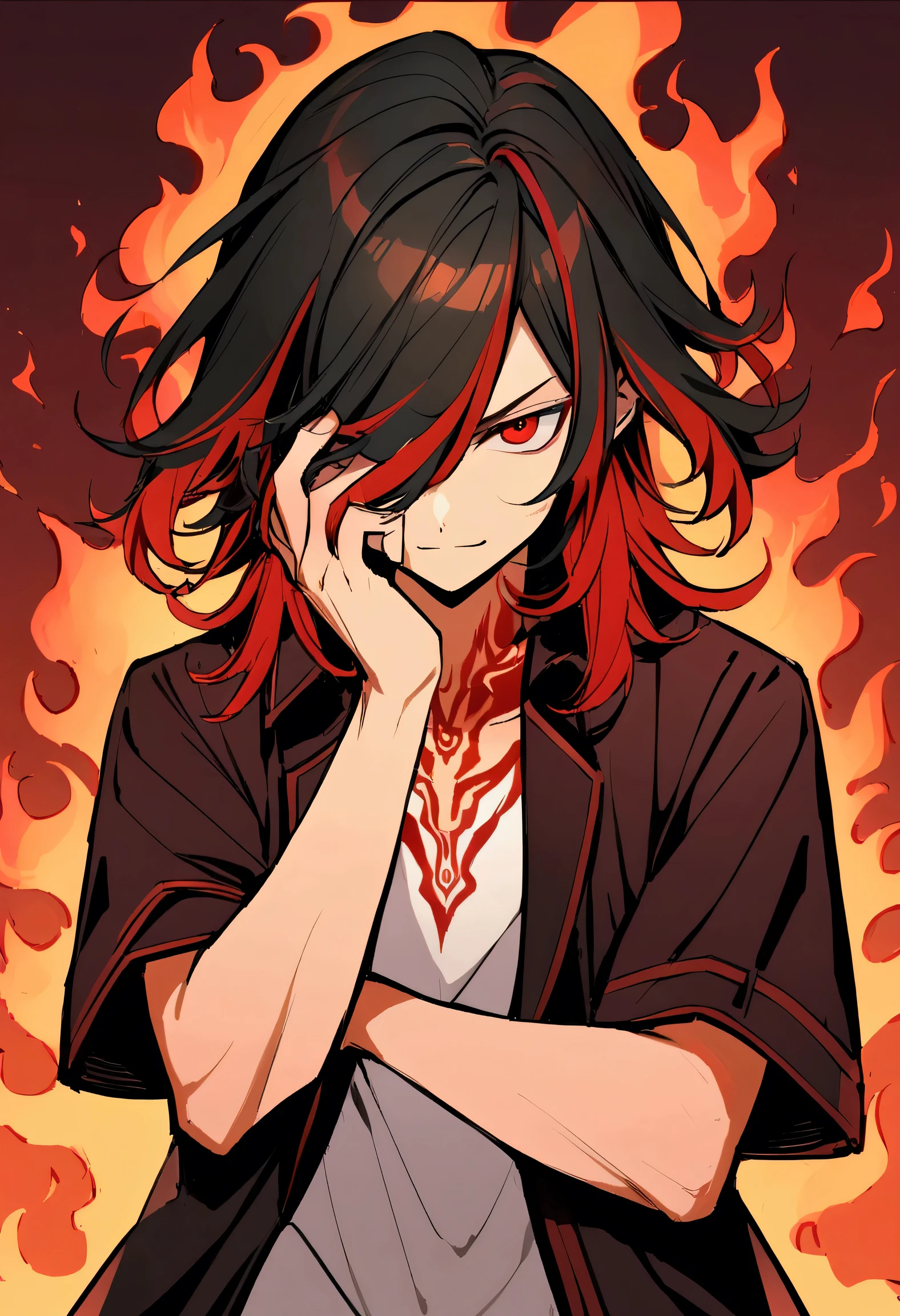 teenage boy, tidy hair, medium length hair, multicolored black and red hair, long bangs covering the left eye, Eyes red, serious face, simple smile, white  shirt, dark red loose-fitting short-sleeved overcoat, red tattoos on the body, fiery aura, crossed arms.