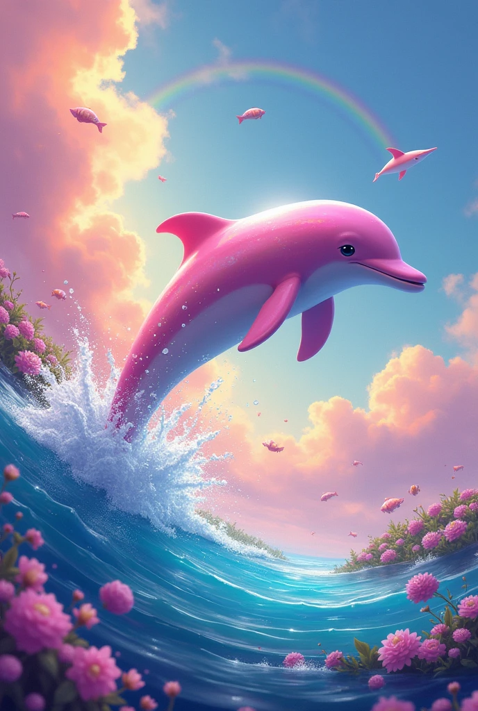 A pink dolphin with rainbow jumping out of the water in the very colorful rainbow sea and with lots of details and unicorns