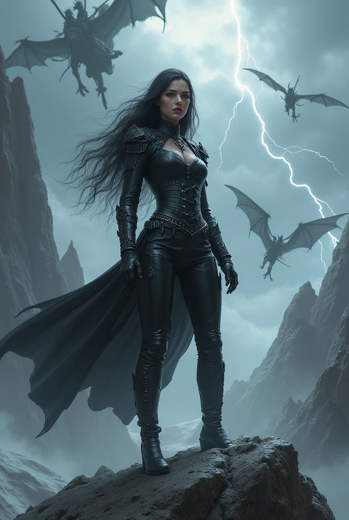 Woman in tight black leather pants, black soldier boots, a long-sleeved corset with swords attached around her waist, Her hair is black with silver tips, abundant and long. His black eyes, full lips, eyebrows and eyelashes thick and she is blushing from the cold. his expression is serious. Rays come out of it and go straight to the sky., the sky is grey and full of lightning. She is standing on a grey mountain. And in the sky giant dragons with riders 