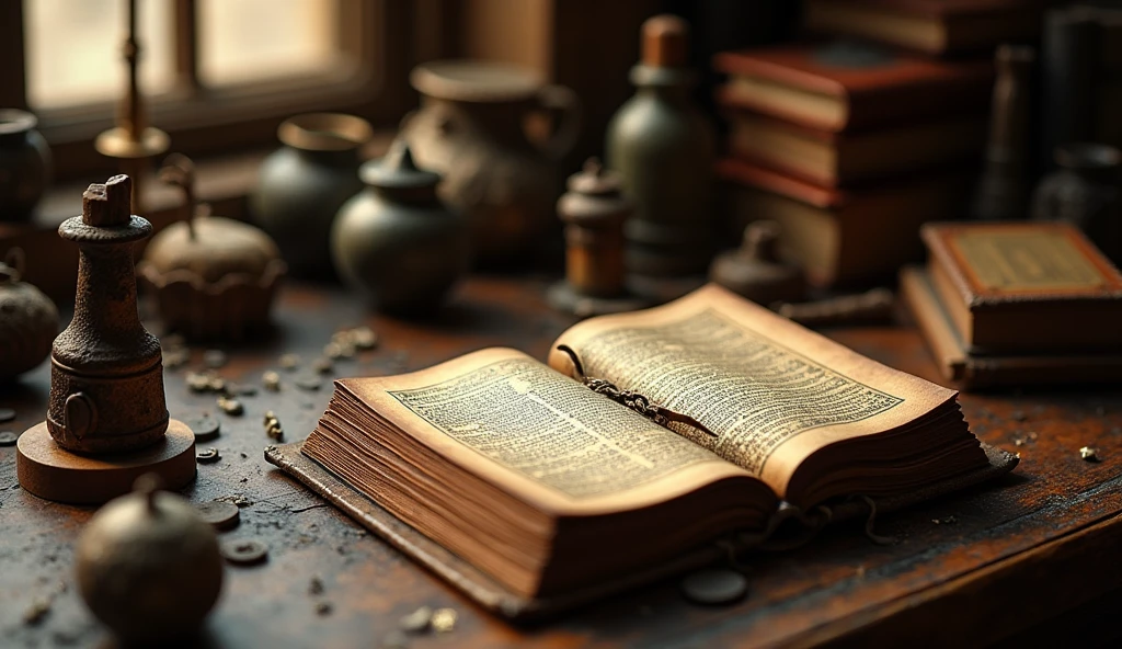 On both sides of the table there is an unopened old foreign book and some vintage objects、Alchemist&#39;s Library Background, Magic Library, Exquisitely detailed miniature model, ancient library, Detailed scenery —width 672, High Detail photo, Small Library, Fantasy Alchemist&#39;s Laboratory, High Detail), gothic library, Ultra-detailed pictures, The wizard's apothecary, Gothic Epic Library, Magician&#39;s Chamber，Warm light atmosphere
