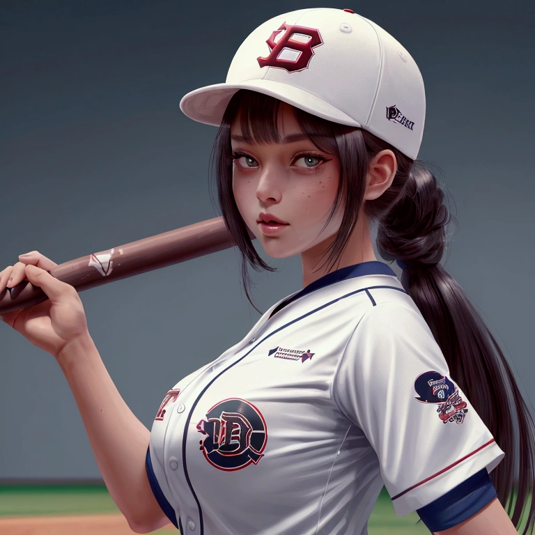 (A closer look at the anthropomorphized cat face), (Highest quality:1.4), 8k resolution, High resolution, 1 Female, A cat anthropomorphic with a beautiful female body, The ultimate beauty, Very beautiful detailed face, Beautiful eyes in every detail, Official Portrait, Japanese, Baseball uniforms, Baseball cap,, Large Breasts, Narrow waist, Big Ass, Batter, swinging a bat, Play baseball, dynamic, Motion Blur, baseball Ground, sweating, Sweat splashes,