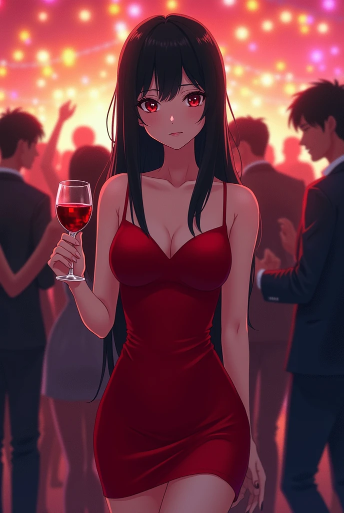 anime style image , 20 year old woman, long straight black hair, red eyes, dressed in a short red dress, at a party having a glass of wine