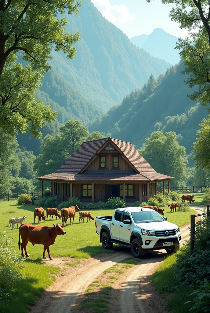 Country house in green color with livestock area and dirt entrance in the mountain with many cows and calves With 1 white modified Toyota Hilux parked And a 4x4 Isuzu D-max in aqua gray parked