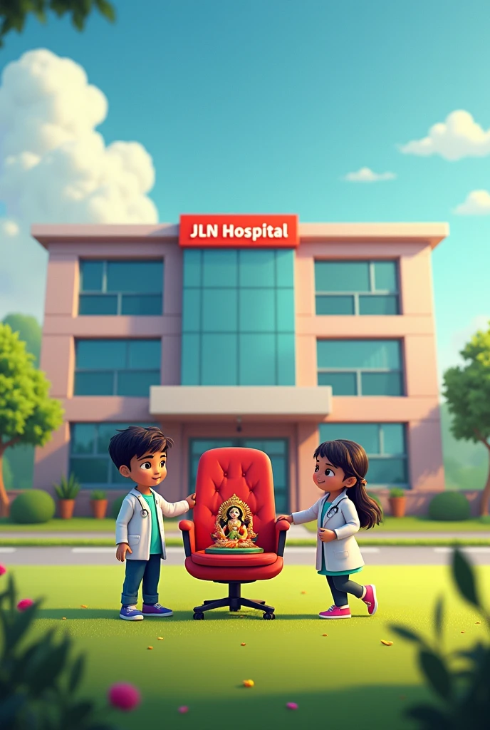 A hospital named JLN Hospital with a chair on the front lawn. A chair hand is holding a statue of Shree Krishna. Four boys and two girls are dressed as doctor.