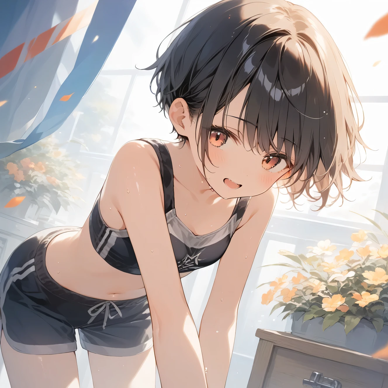 score_9, score_8_up, score_7_up, source_anime, best quality, masterpiece, official art, absurdres, highres, ultra-detailed,waifu2x,Collection: Slice of Life,break,1girl, short hair, pixie cut, flipped hair, small breasts, beautiful (well-shaped) breasts,slender,beautiful detailed eyes, sweat, gym shorts, (wavy mouth:0.3), open mouth, (Detailed Lighting),(Detailed background),outdoors, break,(clear line illustration:1.2), super detailed skin,very high resolution, very aesthetic, Best sexual lighting powered by famous artist, 8k, 16k, cute picture,beauty illustration,photoshop_(medium),,best anime 8k konachan wallpaper, pixiv contest winner,