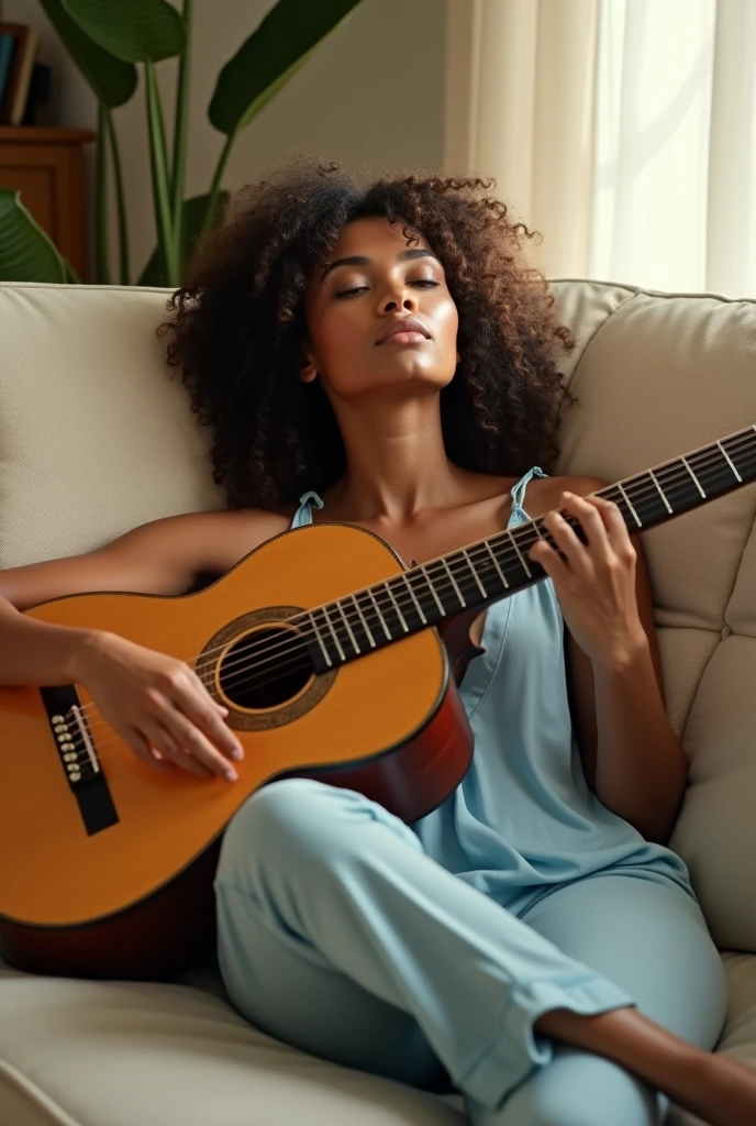(photorealism: 1.2), beautiful woman, on cream-colored living room sofa, wearing a loose baby blue shoulderless blouse, pajama pants, araffe woman with curly hair wearing a sensual red doll, tanned ameera al taweel, imaan hammam, beautiful latin face , beautiful beautiful woman, she has dark brown skin, beautiful woman, flawless dark skin, beautiful mexican woman, the most beautiful woman in the world, beautiful tanned mexican woman, jaw-dropping beauty, Photoshop image quality, lying on her bed comfortable, soft lighting, room with natural sunlight, cozy living room, sitting comfortably, with eyes closed, playing the guitar (seizi brand) coffee color, realistic, intricate details, warm colors, by Greg Rutkowski, by Alphonse Mucha