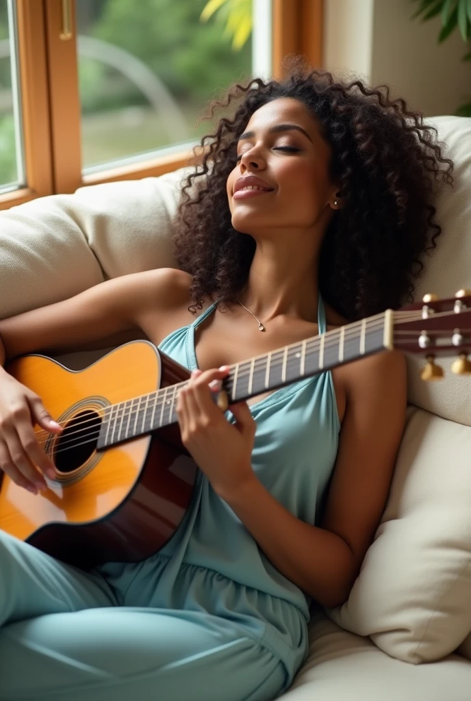 (photorealism: 1.2), beautiful woman, on cream-colored living room sofa, wearing a loose baby blue shoulderless blouse, pajama pants, araffe woman with curly hair wearing a sensual red doll, tanned ameera al taweel, imaan hammam, beautiful latin face , beautiful beautiful woman, she has dark brown skin, beautiful woman, flawless dark skin, beautiful mexican woman, the most beautiful woman in the world, beautiful tanned mexican woman, jaw-dropping beauty, Photoshop image quality, lying on her bed comfortable, soft lighting, room with natural sunlight, cozy living room, sitting comfortably, with eyes closed, playing the guitar (seizi brand) coffee color, realistic, intricate details, warm colors, by Greg Rutkowski, by Alphonse Mucha
