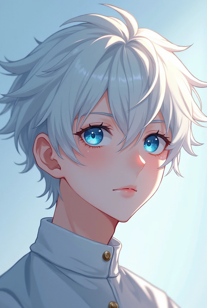 Anime boy with white hair and blue eyes with curls