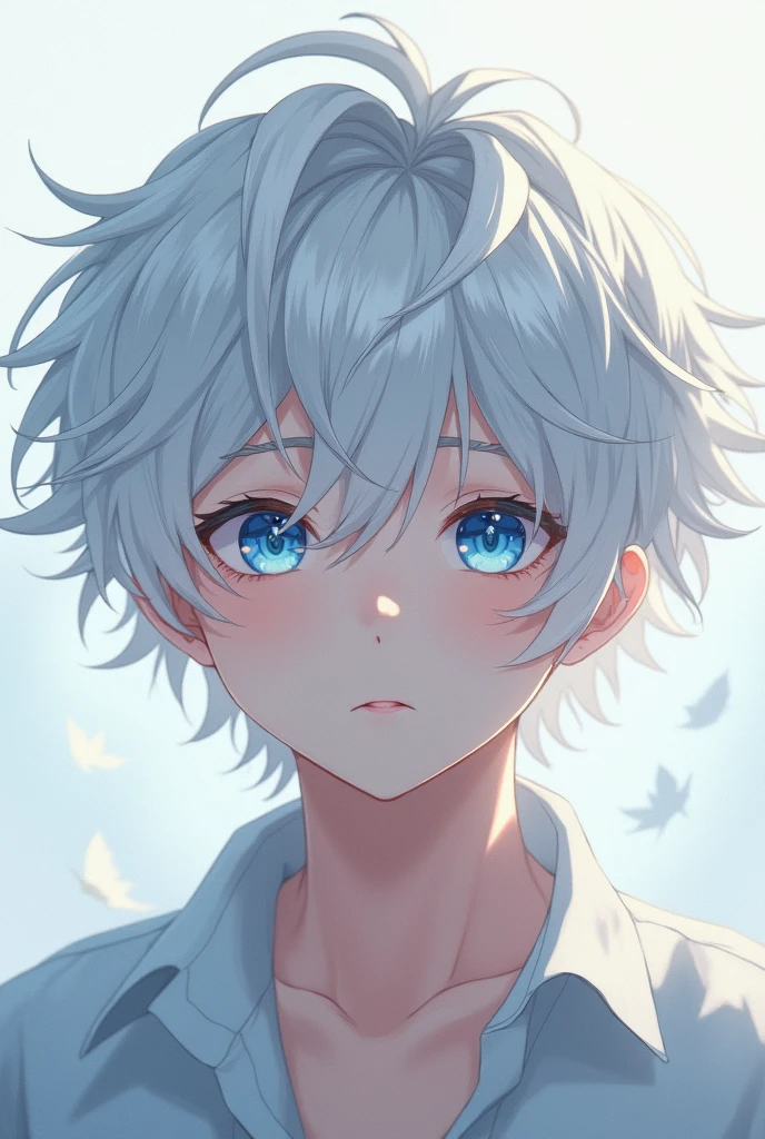 Anime boy with white hair and blue eyes with curls