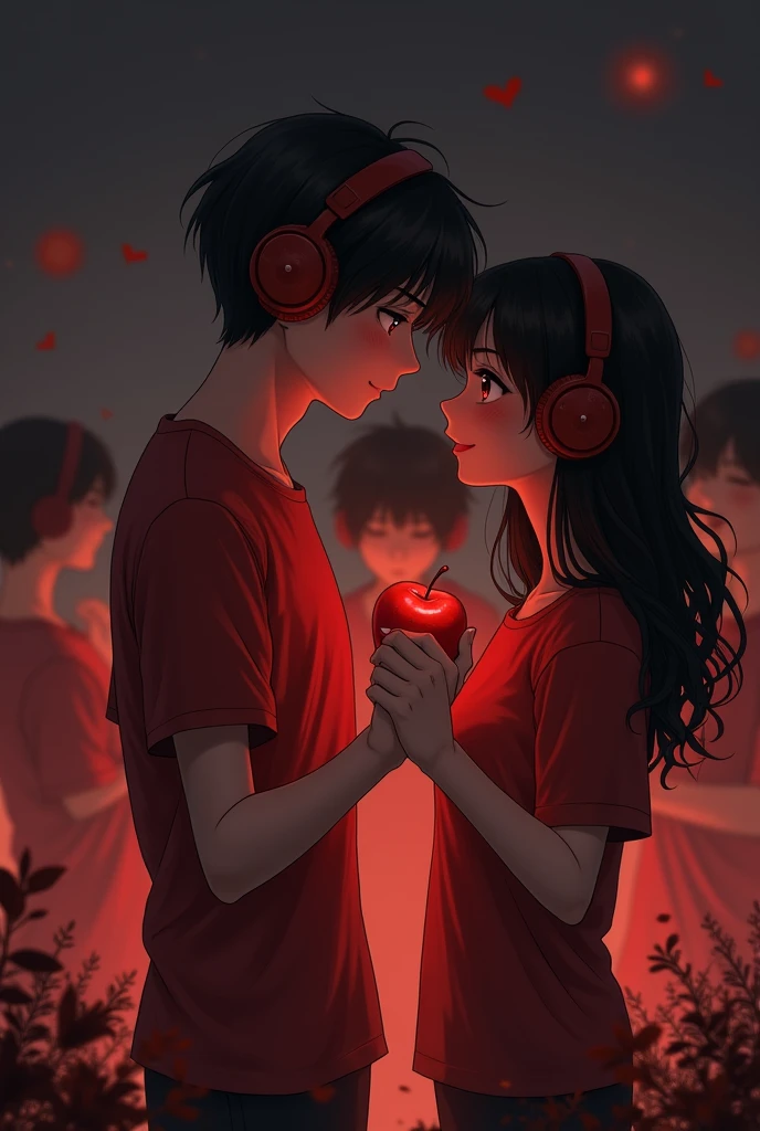 Couple of 1 together dancing anime with a red apple in the boy's hand with a reddish and black landscape background with dull looks and both with headphones With red t-shirts Another similar Boys closing their eyes