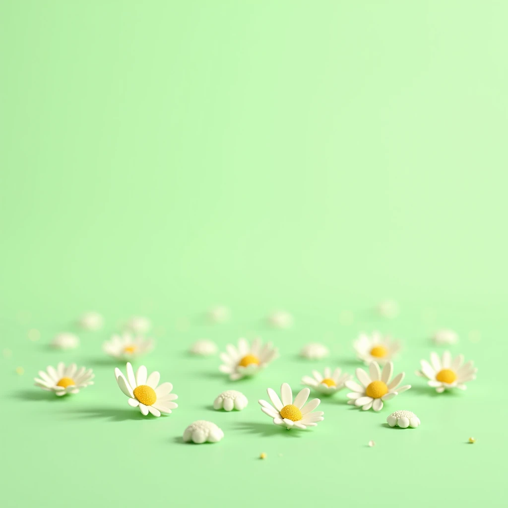 3D cartoon illustration of small daisy flowers scattered on light green background. soft, The pastel-toned background further highlights the delicate charm of small things., White flowers with bright yellow centers, Creates refreshing and attractive visual effects.