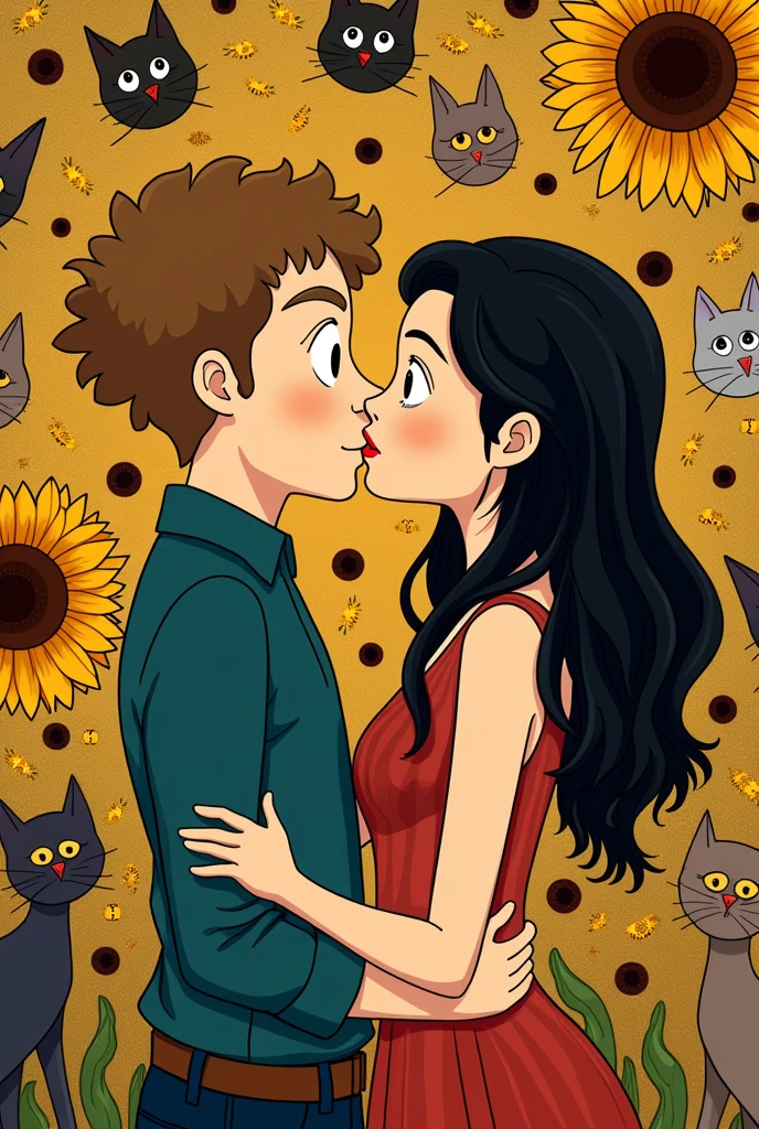 Gustav Klimt&#39;s painting of the kiss but with a boy with light brown hair, a little bit cheesy, with curly hair tall white skinny, Beautiful, 20 years old white girl with long black hair, cut in layers and thick lips, Short and cats and sunflowers South Park cartoon style 
