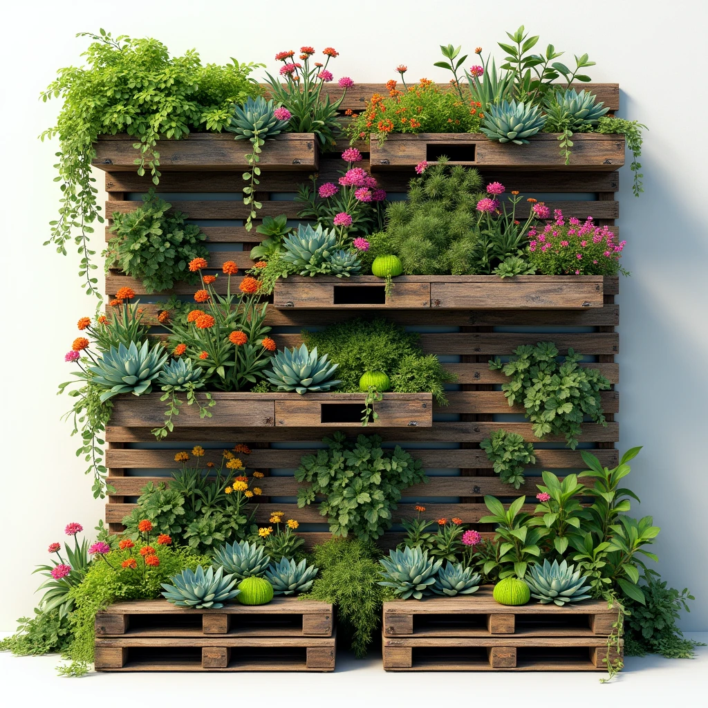 Generate an image of a vertical garden wall made from stacked wooden pallets, filled with colorful flowers and succulents. Include a small title in the image that says “Blooming Pallet Garden.”
