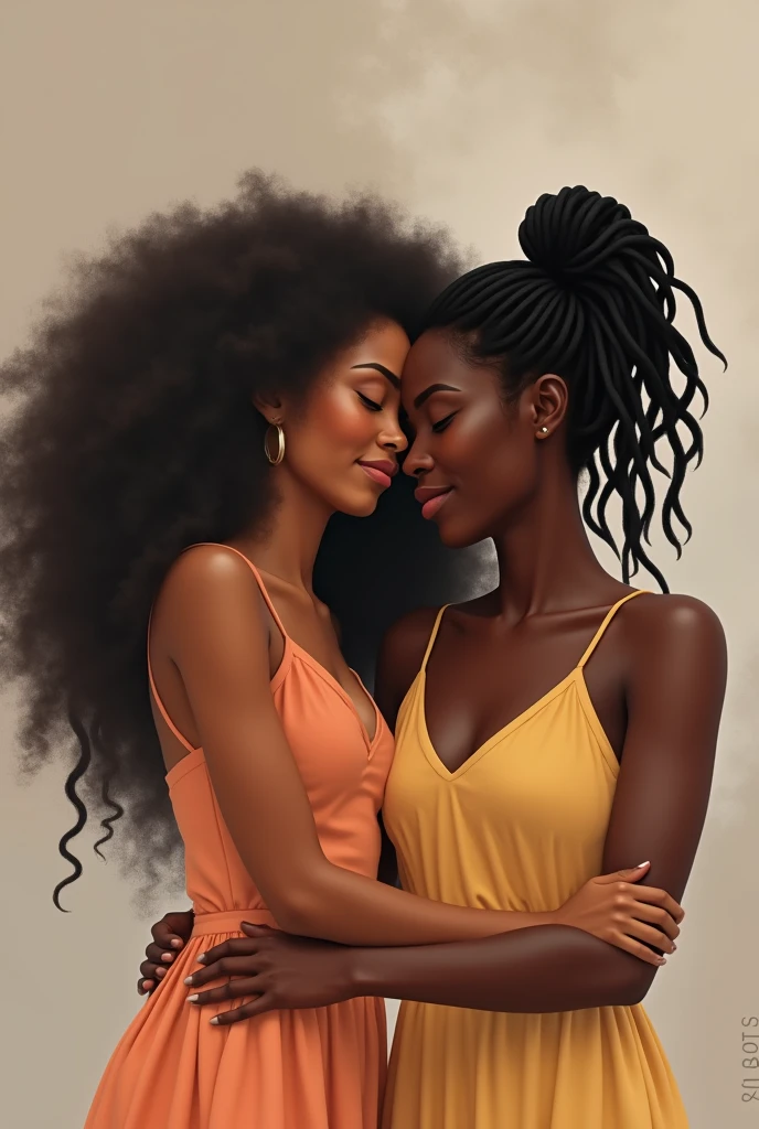 two women (a brown woman with curly hair and a black woman with braids )hugging.
