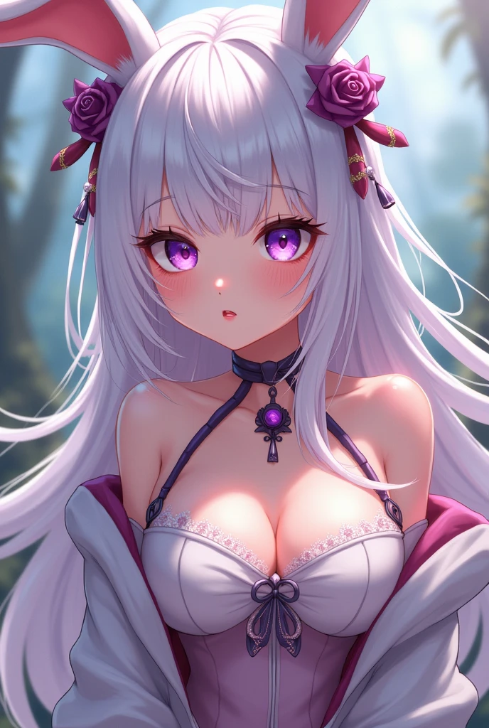 アニメ, bee, Long white hair, purples eyes, breasts big, big-ass, sweetie, rabbit, roupa de rabbit, Caucasian skin.