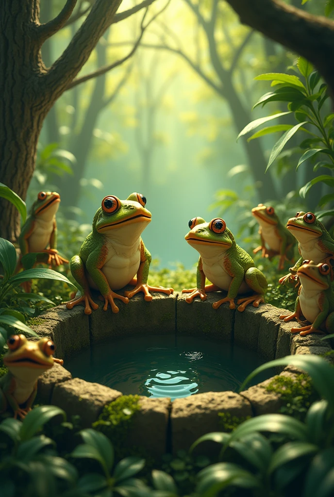 Two frogs wandered around and fell into a well in the forest. There were many frogs around. They asked the two frogs to jump out of it.