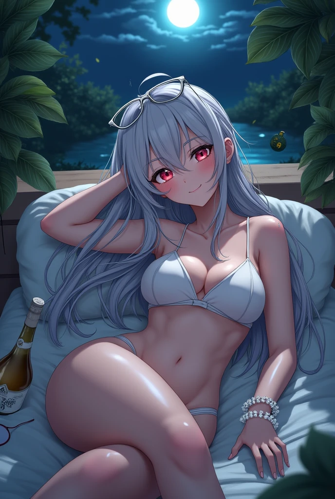 1girl, solo, red eyes, grey hair, hair over one eye, long hair,  light smile, eyewear on head, 
wine bottle, bracelet, night, alcohol, plant,  lying, swimsuit, completely nude 
 