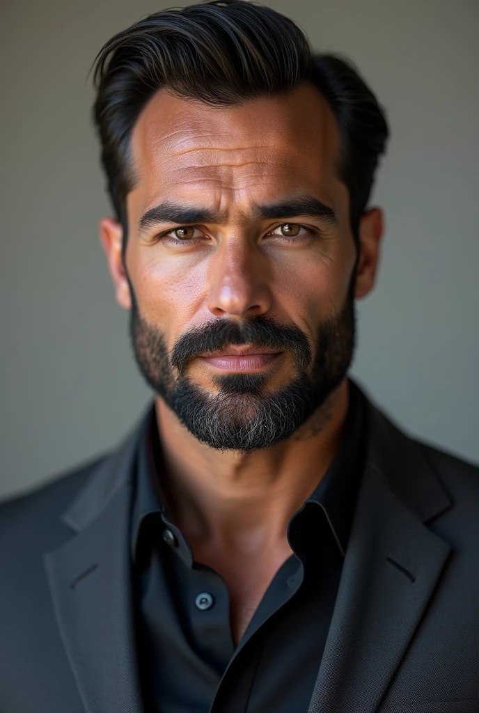 (photorealism:1.2), (8k) (detailed) (man, (Whole body) (size 1.80) facial features: Square face with a marked jaw, prominent cheekbones and thick, dark eyebrows. He has a well-groomed beard that adds a touch of maturity to his appearance..hair: hair oscuro, usually combed back or styled slightly tousled, which can vary between short and medium.eyes: eyes oscuros e intensos, with a penetrating look that expresses confidence.Complexion: Athletic and muscular physique, well defined. Of medium-tall height, which gives it an imposing presence.style: Her style of dress is modern and elegant., with preference for fitted suits or casual chic clothes, like well-fitting shirts and dark trousers.Skin tone: Skin tone bronceado, typical of the Mediterranean.Expression: He usually has a serious or concentrated expression., Although he can display a charming and confident smile.