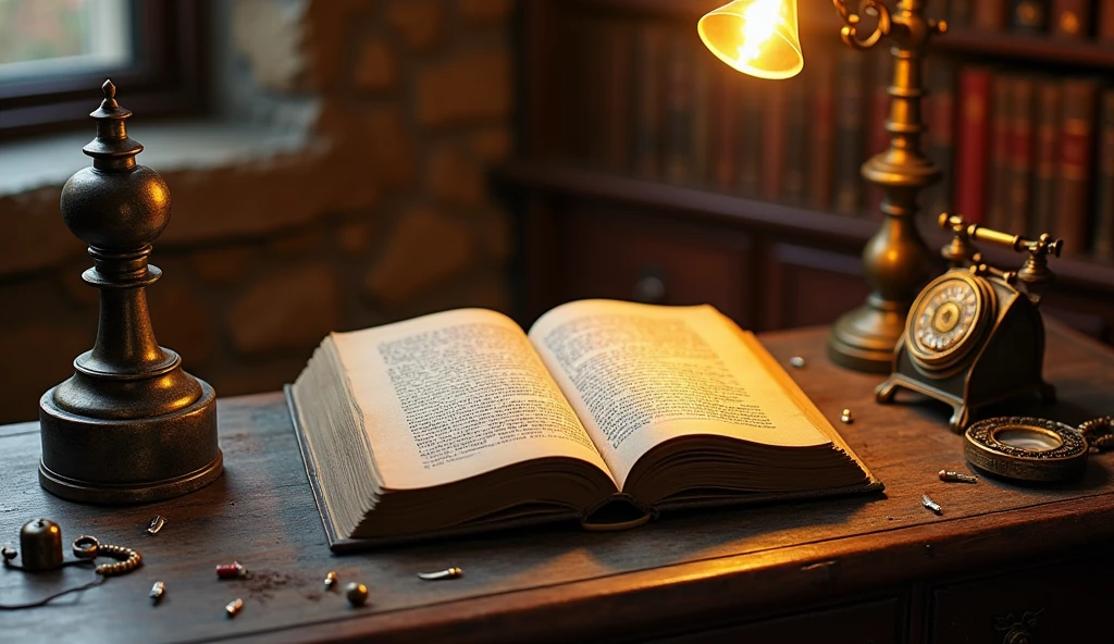 On both sides of the table there is an unopened old book and some vintage objects，Vintage telephone、magnifier、Glasses and other vintage items，Keep the middle of the desk blank 、Alchemist's Library Background, Magic Library, Exquisitely detailed miniature model, ancient library, Detailed scenery —width 672, High Detail photo, Small Library, Fantasy Alchemist's Laboratory, High Detail), gothic library, Ultra-detailed pictures, The wizard's apothecary, Gothic Epic Library, Magician's Chamber，Warm light atmosphere
