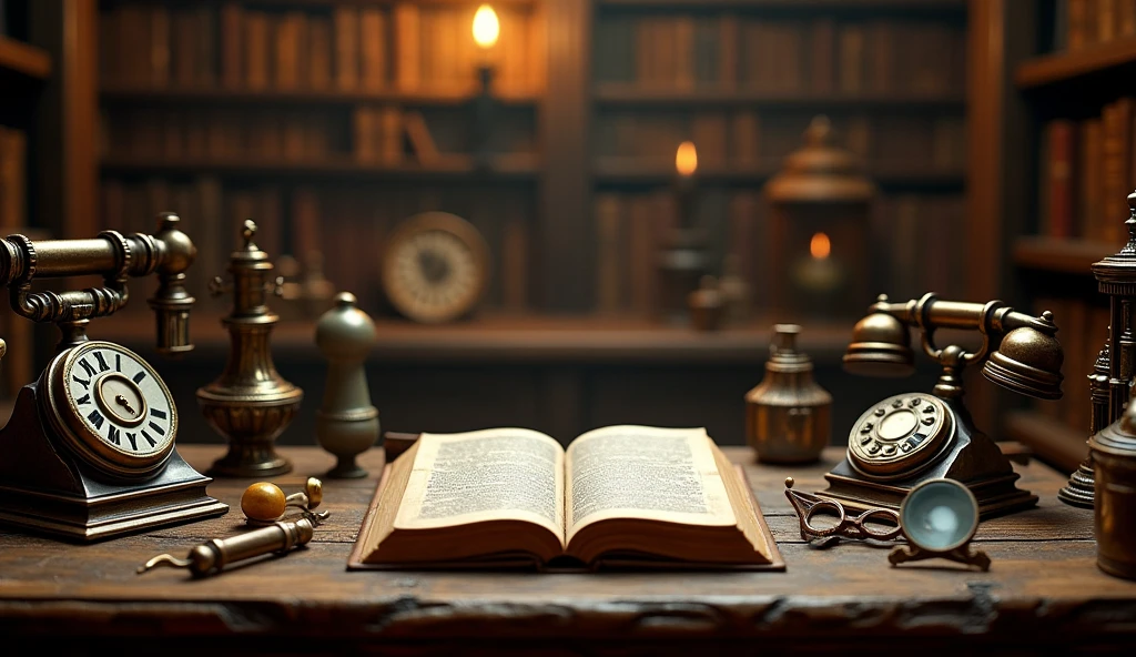 On both sides of the table there is an unopened old book and some vintage objects,Vintage telephone、magnifier、Glasses and other vintage items,Keep the middle of the desk blank 、Alchemist's Library Background, Magic Library, Exquisitely detailed miniature model, ancient library, Detailed scenery —width 672, High Detail photo, Small Library, Fantasy Alchemist's Laboratory, High Detail), gothic library, Ultra-detailed pictures, The wizard's apothecary, Gothic Epic Library, Magician's Chamber,Warm light atmosphere