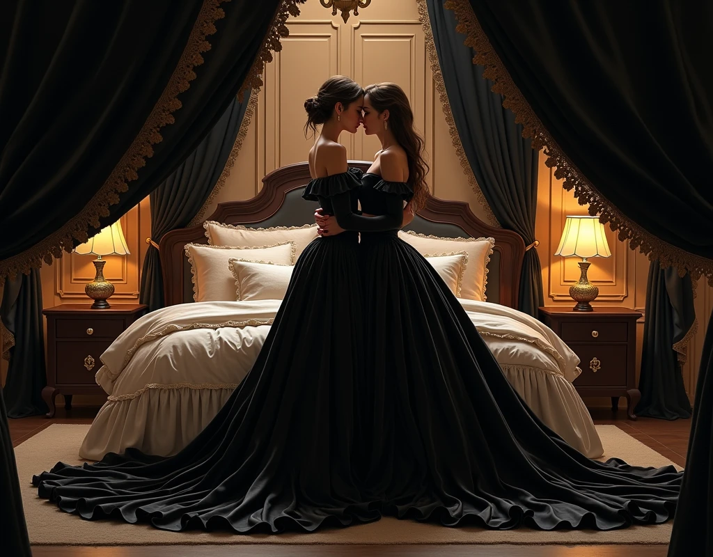 highest quality, masterpiece, highest resolution, artwork, super それにget used to it, many get used to it, get used to it, それにget used to it,love,romantic,two woman honeymoon,two woman kissing,((black satin velvet elegant dresses)),luxurious shiny black satin velvet evening dresses, ((Gorgeous queen rococo robe satin velvet dresses with voluminous full-length hoop stretched train skirt)),long sleeve with black satin velvet gloves,long stretched train black dresses,A dress with full shiny satin velvet fabric...,luxury,((Palace full shiny black satin velvet bedroom)),((huge satin velvet bed and blanket)),Frilled silk black satin velvet bedspread,many satin pillows on the bed,fluffy pillow with frills,two woman is kissing in front of the bed,luxurious ruffled black curtains