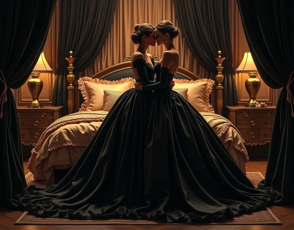 highest quality, masterpiece, highest resolution, artwork, super それにget used to it, many get used to it, get used to it, それにget used to it,love,romantic,two woman honeymoon,two woman kissing,((black satin velvet elegant dresses)),luxurious shiny black satin velvet evening dresses, ((Gorgeous queen rococo robe satin velvet dresses with voluminous full-length hoop stretched train skirt)),long sleeve with black satin velvet gloves,long stretched train black dresses,A dress with full shiny satin velvet fabric...,luxury,((Palace full shiny black satin velvet bedroom)),((huge satin velvet bed and blanket)),Frilled silk black satin velvet bedspread,many satin pillows on the bed,fluffy pillow with frills,two woman is kissing in front of the bed,luxurious ruffled black curtains