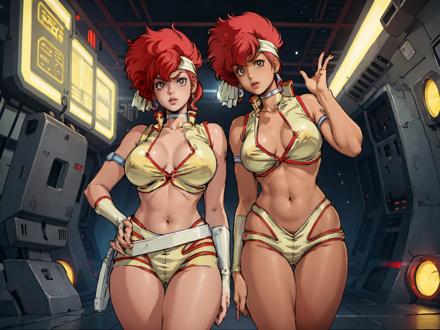 Kei from The Dirty Pair wearing a skimpy white outfit, cleavage, bushy red hair beauty, cyberpunk city background, holding retro space-gun, green headband