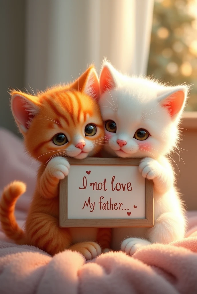 a cute orange cat and a white cat hugging each other and holding a sign that says "good night daddy, We love you", (best qualityer, 4K, 8k, high resolution, Masterpiece artwork: 1.2), ultradetailed, (realisitic, fotorrealisitic, fotorrealisitic: 1.37), extremely detailed eye and face, long eyelashes, beautiful detailed eyes, beautiful detailed lips, cute cat expressions, Adorable Cats, Exciting scene, pastel colours, soft lighting, warm hues, cozy atmospheric