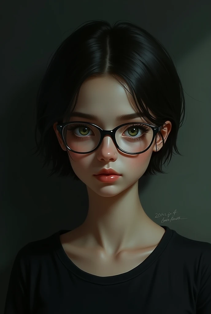 Create an image of a girl with short hair, greeneyes, white, with big cheeks , Prescription Glasses, dark style, slicked black hair