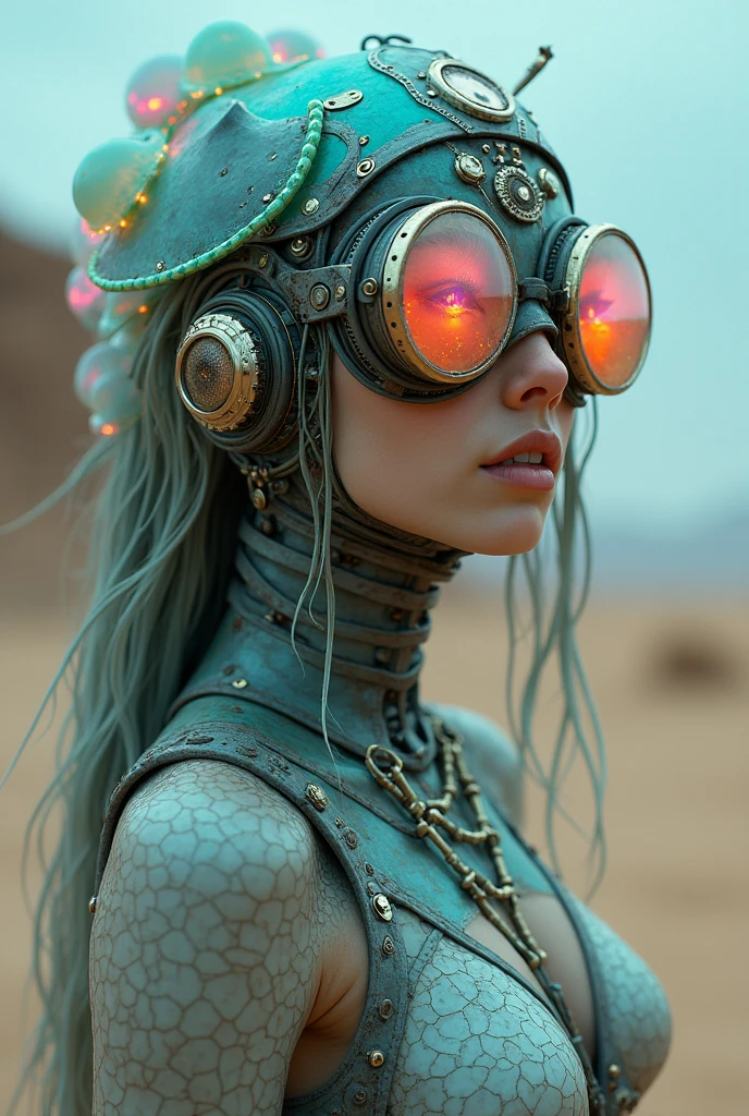 Ethereal Cyborg Woman, bioluminescent jellyfish tiara. Steampunk goggles merge with translucent tentacles. Cracked porcelain skin meets iridescent scales. Mechanical implants and delicate tendrils intertwine. Human characteristics with an otherworldly glow. Dreamy aquatic tones contrast with aged metal. Reflective eyes capture invisible worlds. Gentle bioluminescence meets a harsh desert landscape. Fusion of organic and synthetic, ancient and futuristic. Hyper-detailed textures, surreal atmosphere.