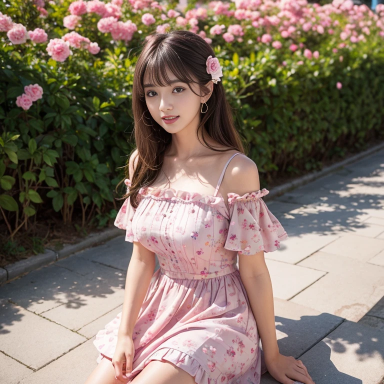 laughing out loud,travel scenery photos,Wear a sweet dress,Dress with pink flower pattern,Floral pattern scattered throughout the dress,Puff sleeves,Princess puff sleeves,Puff sleeves cover shoulders,Short sleeve,One-piece hem A-line skirt,(There is a layer of transparent mesh outside the skirt), Fluffy and lightweight dress,(The dress is made of mesh), There are pink ribbon bows on both sides of the collarbone.,A-line skirt with large hem,1 female, On the face, light brown hair, blunt bangs, hair behind ears, Shoulder-length hair, long hair, Slender body type, 超face slimming型, face slimming, delicate lips, beautiful eyes, Thin blush, Eyes are light brown,View here, (actual:1.3), One person's perspective, 8k, Super detailed, high quality, best quality, High resolution,2,above knee shot,Breast protrusion,Full breasts, breasts in clothes,No breasts,H CUP BREAST