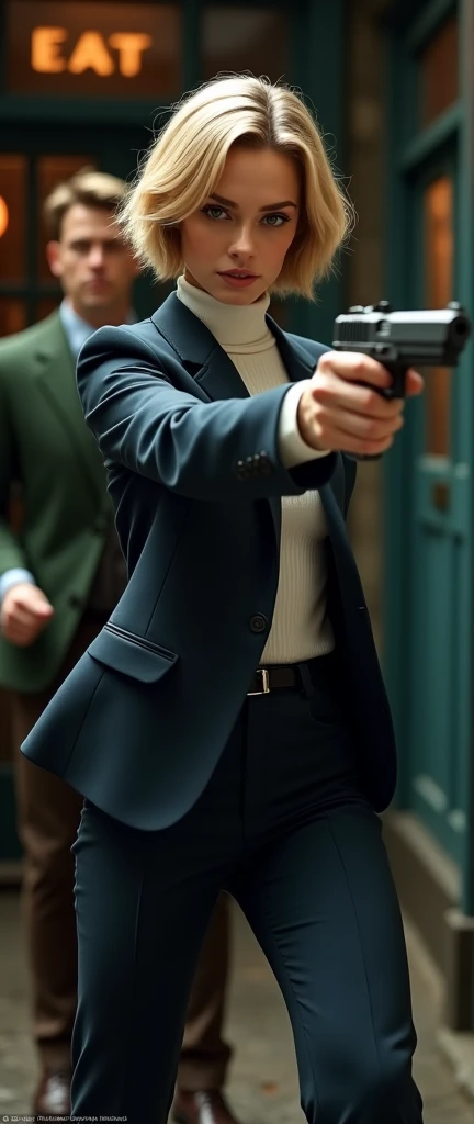 ((super photographic, superrealism)),(1 woman and 1 man is existence), 1 young man is hidden behind 007 woman, Front view, (( Action pose, one hand, straight punch:1.3)), action cinema, action scene , grip hand gun, Full body, solon, Actress of 007 , in Pub , (1 Scottish woman , 30 age old ,(gold hair, short cut, serious, glare at man), ((wearing Navy Blue blazer jacket, white turtleneck sweater, Navy Blue pants, leather black belt, brown shoes :1.5)) , Bond boy help 007, in entrance pub, sole (1 Scottish boy, 1, brown hair, short cut,,serious) (green brazer, brown pants, brown shoes ),((super detail, high details, high quality, accurate, anatomically correct, textured skin, beautiful fingers super detail, high details, high quality, best quality))