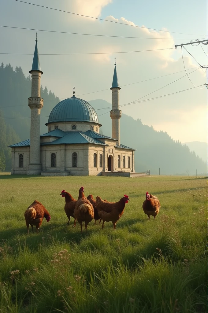 Mosque in gress area in tow table in grass chicken in grass and some cows