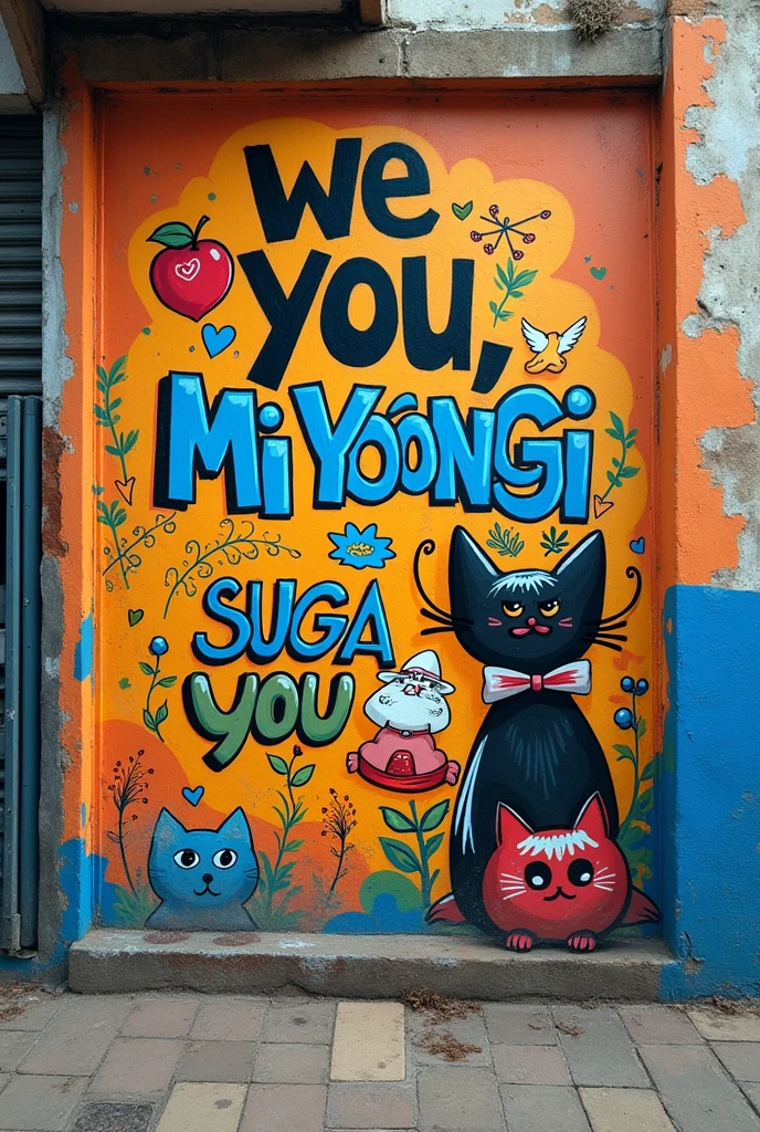 image of a wall on a street in Brazil with graffiti writing on the wall saying &#39;we love you Mi Yoongi&#39; in Portuguese and Korean, and a tangerine and a cat drawing were drawn on the wall.