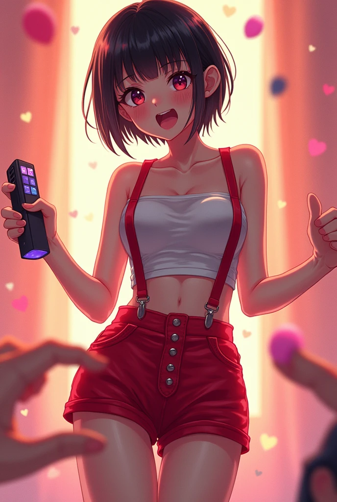 4K,one girl, RS. made,slim,very short stature,Very thin hips,blunt bangs,short shirt, half sleeve,Red mini skirt with suspenders,blush, smile, Bobcat, black hair,bright colors, Ahegao,Lots of love juice drips from her thighs onto the floor,(removed_play)),removed-vibrating-egg,((Someone else's hand holding a pink round removed control:1.3))、Ecstatic expression,Accurate and detailed female fingers,