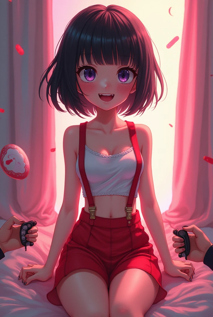 4K,one girl, RS. made,slim,very short stature,Very thin hips,blunt bangs,short shirt, half sleeve,Red mini skirt with suspenders,blush, smile, Bobcat, black hair,bright colors, Ahegao,Lots of love juice drips from her thighs onto the floor,(removed_play)),removed-vibrating-egg,((Someone else's hand holding a pink round removed control:1.3))、Ecstatic expression,Accurate and detailed female fingers,
