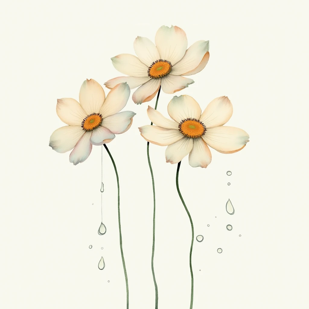  Delicately depicted, Almost translucent, Watercolor flowers with water drops falling. The delicacy of flowers and water can symbolize the fleeting and transient nature of life.., Emphasizing fleeting beauty.