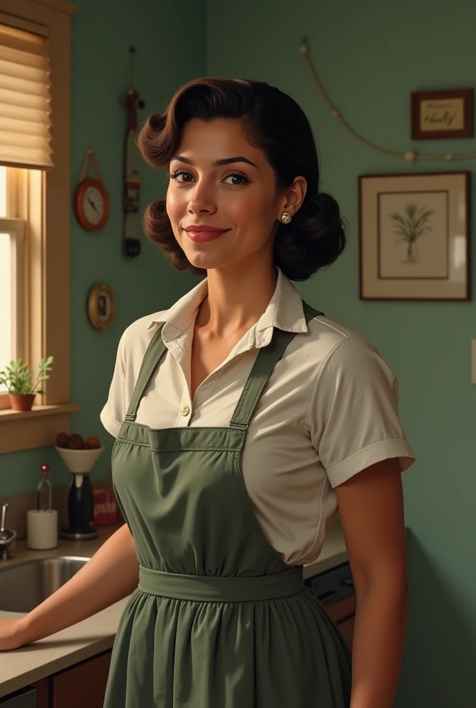 young woman from the 50s who works as a housekeeper, latina mestiza , with big breasts, Semi-robust, of simple and poor style